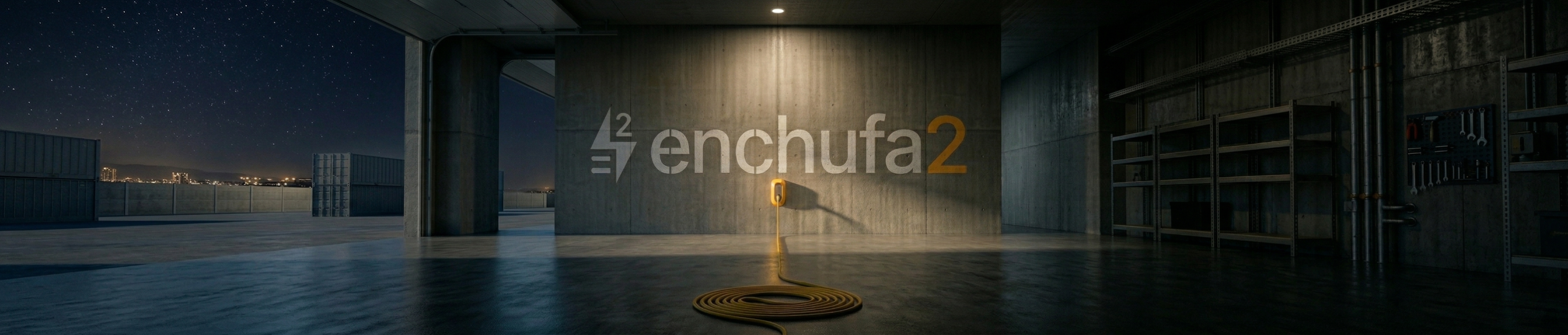 Espacio con logo enchufa2 en relieve — modo oscuro